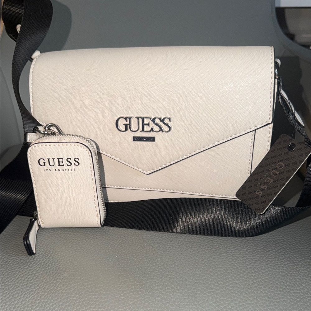 GUESS Cream Crossbody Bag with Black Strap
